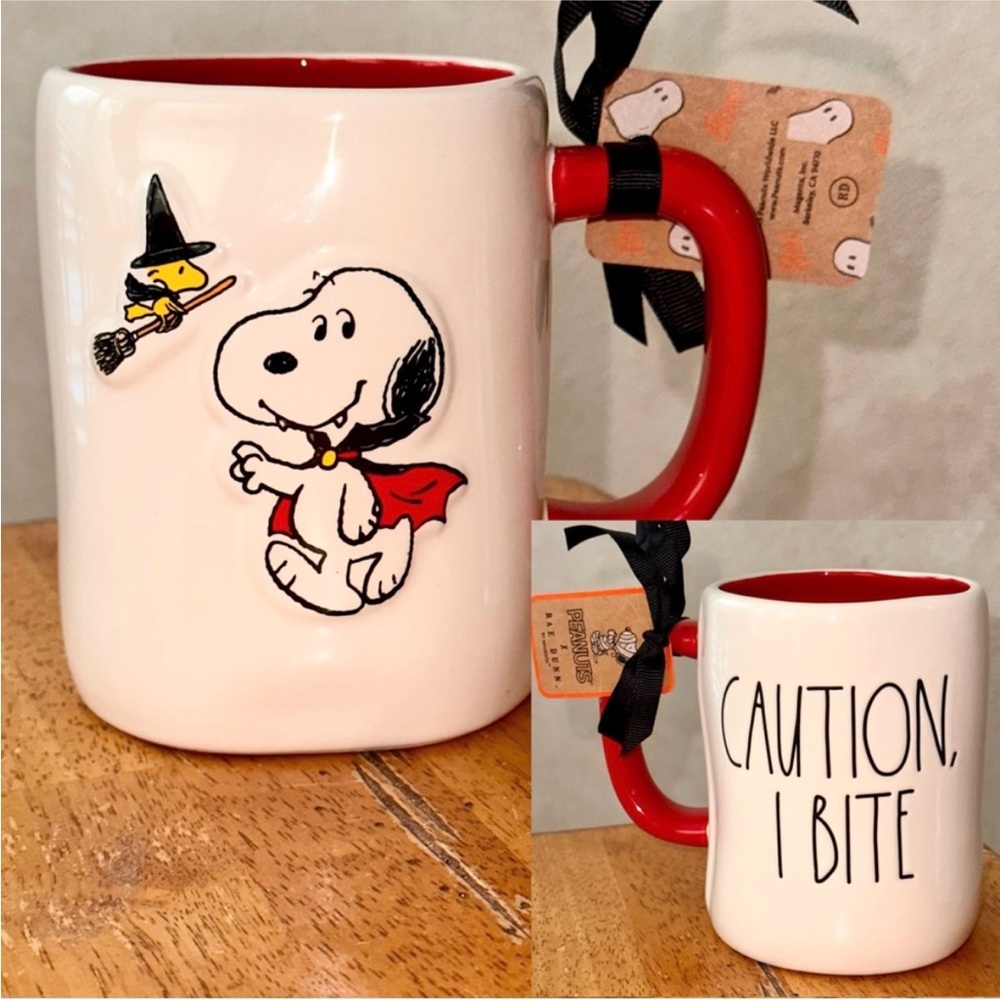 Rae Dunn Peanuts Vampire Snoopy CAUTION, I BITE Woodstock Flying Witch Mug NEW!